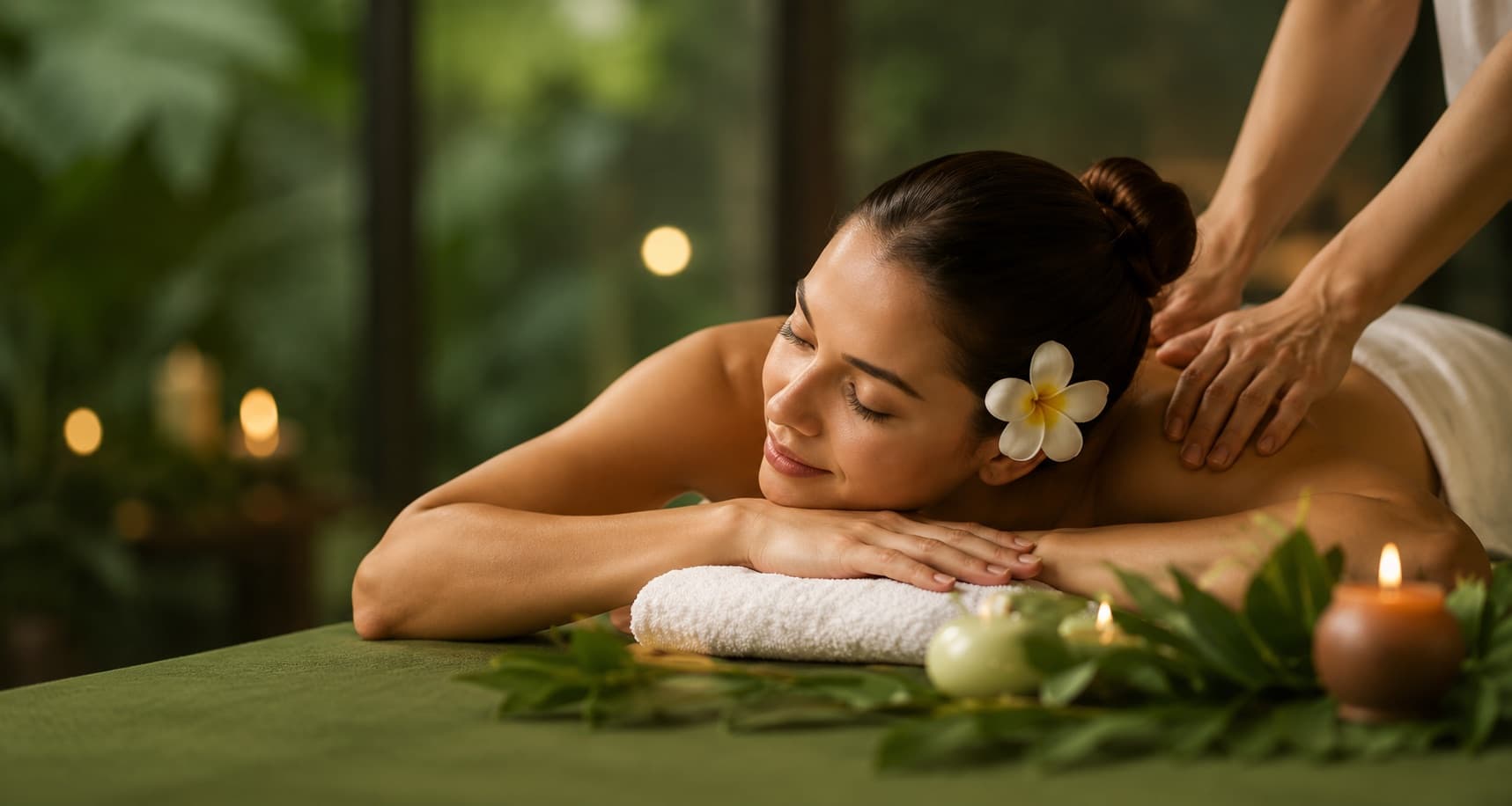 Therapist giving a relaxing massage in a candle-lit treatment room